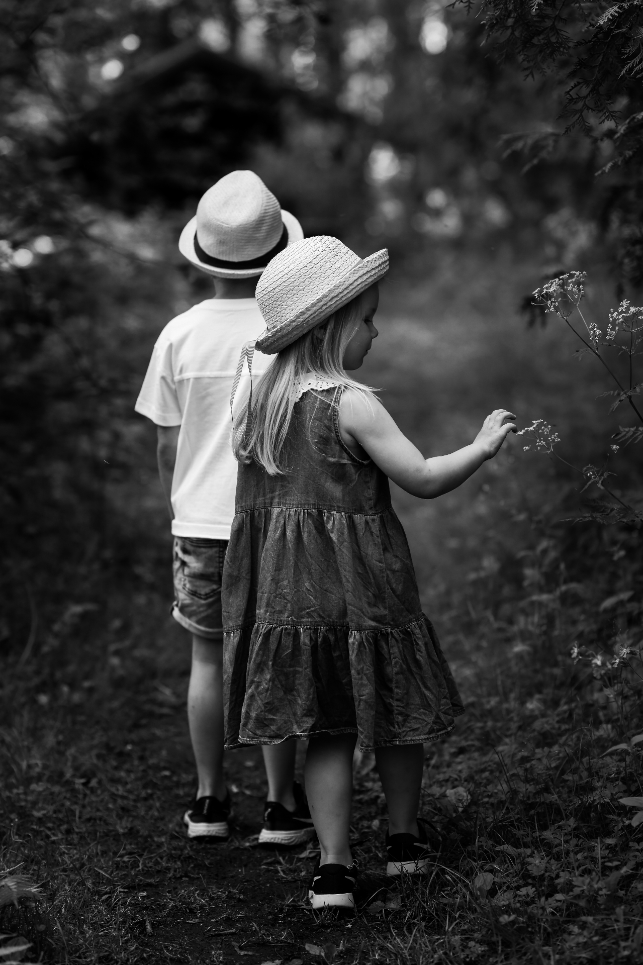 Little girl picking flowers with her brother